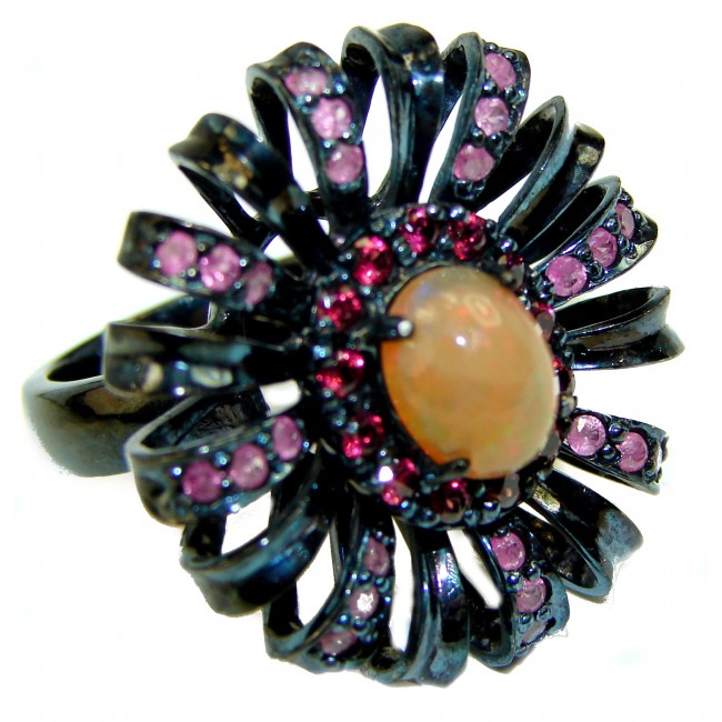 Vintage Style Ethiopian Opal black rhodium over .925 Sterling Silver handmade ring s. 7