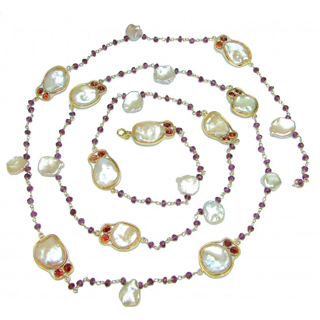 Long 44 inches genuine Mother of Pearl Garnet 14 Gold over .925 Sterling Silver handcrafted Necklace
