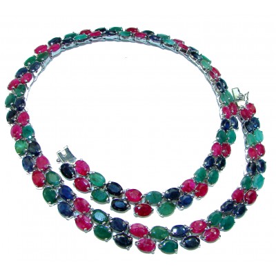 Essence of Femininity Huge authentic Ruby Emerald Sapphire .925 Sterling Silver handcrafted necklace
