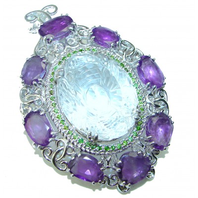 Magic carved White Topaz Amethyst .925 Sterling Silver Pendant/ Brooch