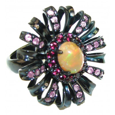 Vintage Style Ethiopian Opal black rhodium over .925 Sterling Silver handmade ring s. 7 3/4
