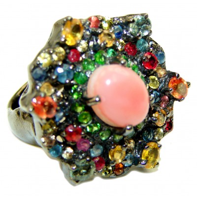 Pink Opal black rhodium over .925 Sterling Silver handcrafted ring size 8