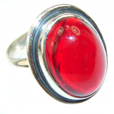 Unique Red Amber .925 Sterling Silver handcrafted Ring size 7 1/2