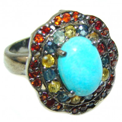 Turquoise Sapphire black rhodium over .925 Sterling Silver ring; s. 8