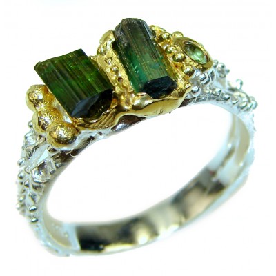 Authentic Rough Green Tourmaline over 2 tones .925 Sterling Silver Ring size 9
