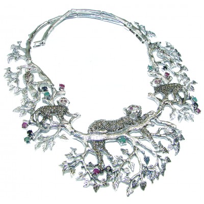 Wild Jungle Kashmir Ruby Marcasite .925 Sterling Silver handcrafted Necklace