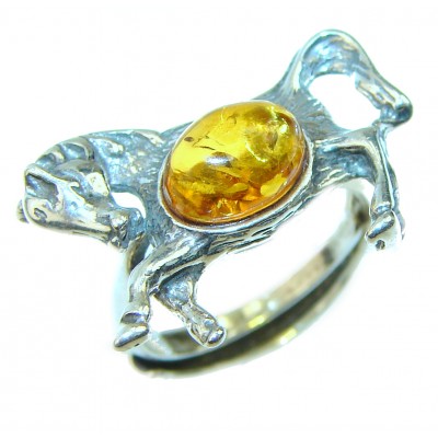 Beautiful Horse Baltic Amber .925 Sterling Silver handcrafted ring; s. 6 adjustable