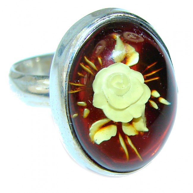 Golden Rose Authentic carved Baltic Amber .925 Sterling Silver handcrafted Large ring; s. 7 adjustable