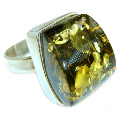 Authentic Green Baltic Amber .925 Sterling Silver handcrafted ring; s. 7 adjustable
