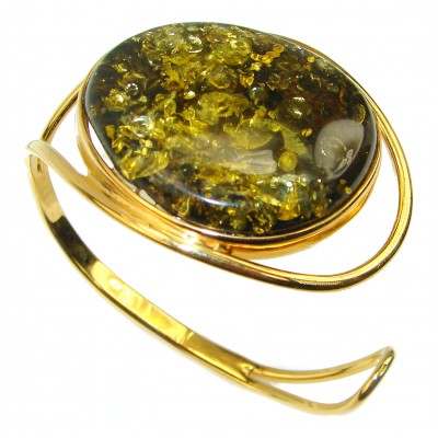 Vintage Design Genuine Green Polish Amber .925 Sterling Silver handmade Bracelet / Cuff
