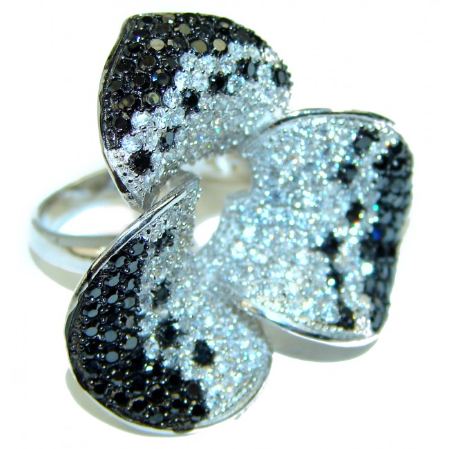 Fancy Flower White and Black Topaz .925 Sterling Silver ring size 7