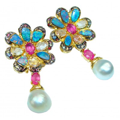One-of-a-Kind 18k Gold over .925 Sterling Silver Pink Sapphire Australian Opal Pearl Drop Earrings