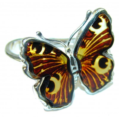 Butterfly Authentic Baltic Amber .925 Sterling Silver handcrafted ring; s. 8 adjustable