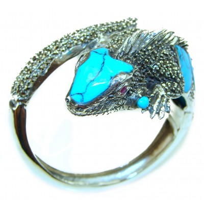 Large Blue Iguana Genuine inlay Turquoise Marcasite .925 Sterling Silver handmade Bracelet Bangle