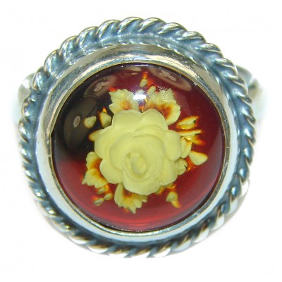 Beautiful Authentic carved FLOWER Baltic Amber .925 Sterling Silver handcrafted ring; s. 7 1/2