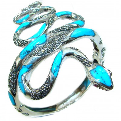 Large Blue Snake Genuine inlay Turquoise Marcasite .925 Sterling Silver handmade Bracelet Bangle