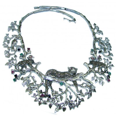 Wild Jungle Kashmir Ruby Emerald Sapphire Marcasite .925 Sterling Silver handcrafted Necklace