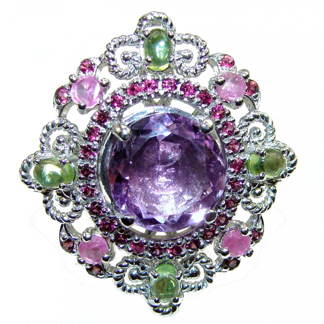 Spectacular Amethyst Peridot .925 Sterling Silver Handcrafted Large Ring size 8