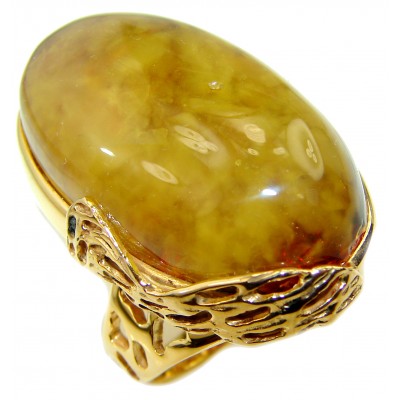 HUGE Authentic Baltic Amber 14K Gold over .925 Sterling Silver handcrafted ring; s. 7 adjustable