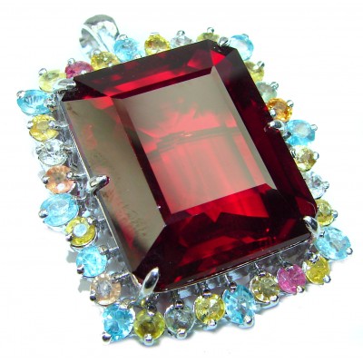 Emerald cut 45 carat Deep Red Topaz .925 Sterling Silver handmade Pendant - Brooch