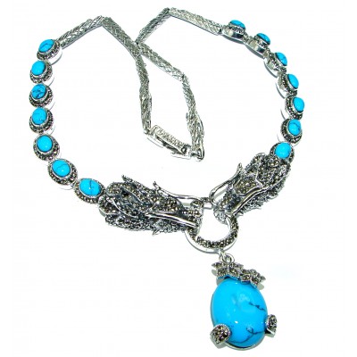 Two Dragons Genuine inlay Turquoise Marcasite .925 Sterling Silver handmade handcrafted Necklace