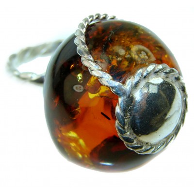 Authentic Large Sphere Baltic Amber .925 Sterling Silver handcrafted ring; s. 7 ADJUSTABLE