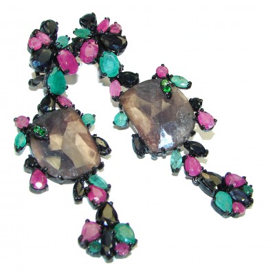 Spectacular natural Ruby Emerald black rhodium over .925 Sterling Silver handcrafted HUGE earrings