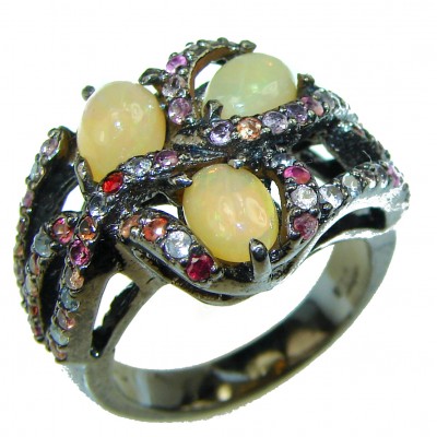 New Universe Ethiopian Opal Black Rhodium over .925 Sterling Silver handmade Ring size 7 3/4