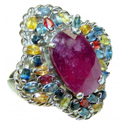 12.3 carat Ruby multicolor Sapphire .925 Sterling Silver handcrafted Statement Ring size 8 1/4