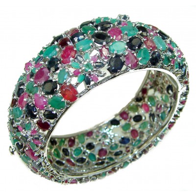 Spectacular authentic Ruby Emerald Sapphire Aquamarine .925 Sterling Silver handmade bangle Bracelet