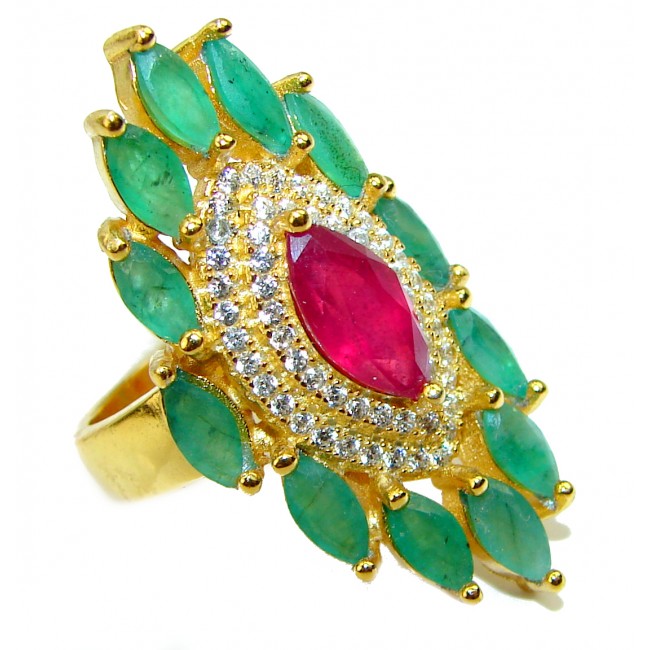 Unique Ruby Emerald 14K Gold over .925 Sterling Silver handcrafted Cocktail Ring size 6