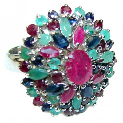 Camille Spectacular Ruby Emerald Sapphire .925 Sterling Silver handmade ring s. 7 3/4