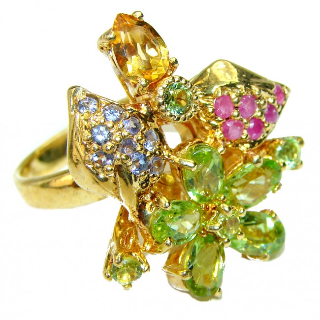 Fancy Green Flower Peridot 14K .925 Sterling Silver Large handcrafted ring s. 8 3/4