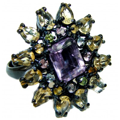 Spectacular Amethyst black rhodium over .925 Sterling Silver Handcrafted Large Ring size 8