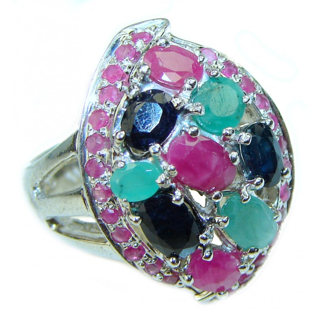 Camille Spectacular Ruby Emerald Sapphire .925 Sterling Silver handmade ring s. 6 3/4