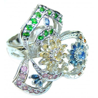 Fancy Green Flower Peridot .925 Sterling Silver Large handcrafted ring s. 7 3/4