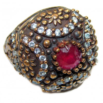 Victorian Style created Ruby & White Topaz Copper over Sterling Silver ring; s. 7