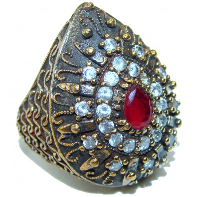Victorian Style created Ruby & White Topaz Copper over Sterling Silver ring; s. 6 1/2