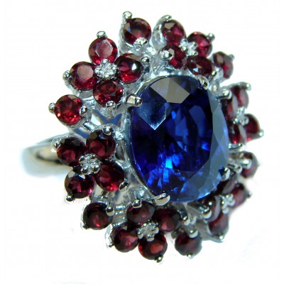 Elizabeth London Blue Topaz Garnet .925 Sterling Silver handmade ring size 7