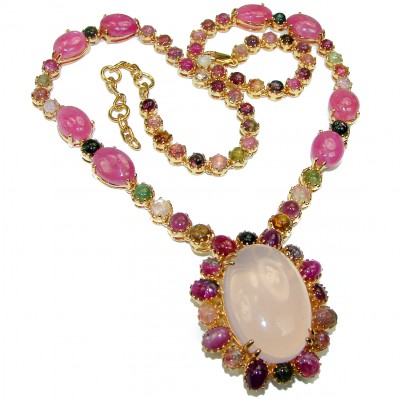 Outstanding Rose Quartz Watermelon Tourmaline 14k Gold over .925 Sterling Silver handcrafted Statement necklace