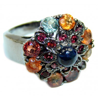 Incredible Star Sapphire multicolor Sapphire black rhodium over .925 Sterling Silver Handcrafted Ring size 7 1/4