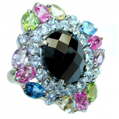 Huge Black Onyx multicolored Sapphire .925 Sterling Silver handcrafted ring; s. 6 3/4