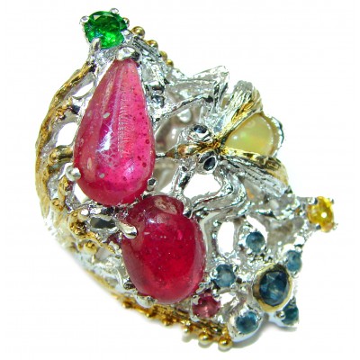 Enchanted Garden Authentic Ruby Grandidierite 2 tones .925 Sterling Silver Ring size 6 3/4