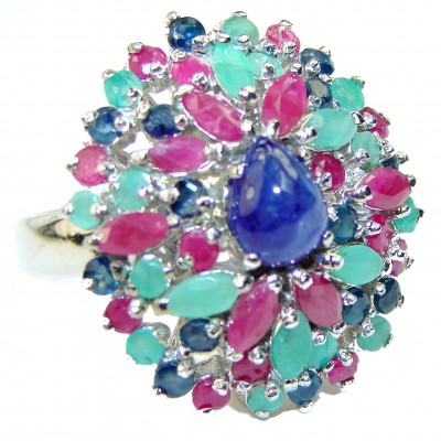 Spectacular Ruby Emerald Sapphire .925 Sterling Silver handmade ring s. 8