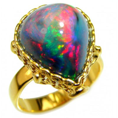 A Milky Way Genuine 19.9 carat Black Opal 18K White Gold over .925 Sterling Silver handmade Ring size 7 1/2