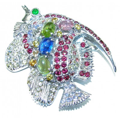 Precious Fish Genuine Ruby Sapphire Peridot .925 Sterling Silver Pendant Brooch