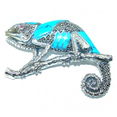 Spectacular Big Chameleon Lizard inlay Turquoise .925 Sterling Silver handmade Brooch