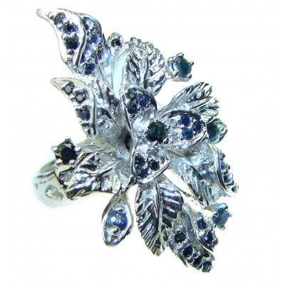 Blooming Flower Authentic Sapphire .925 Sterling Silver Large handcrafted Ring size 9