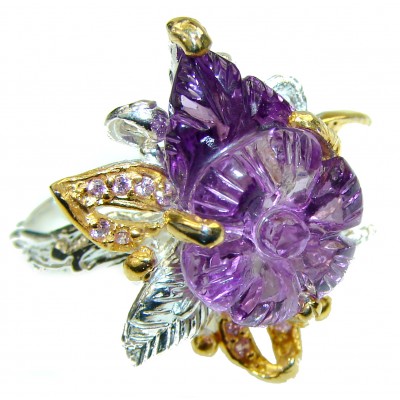 Spectacular 10.5 carat carved Amethyst 2 tones .925 Sterling Silver Handcrafted Ring size 7 3/4