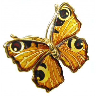 Beautiful Authentic carved Butterfly Baltic Amber 14 K Gold over .925 Sterling Silver handcrafted ring; s. 8 adjustable